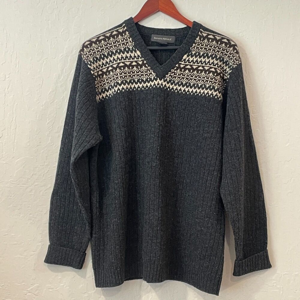 ~ Banana Republic Lg Lambswool Sweater V-neck Gray Tan Brown Grey Men's Org $150